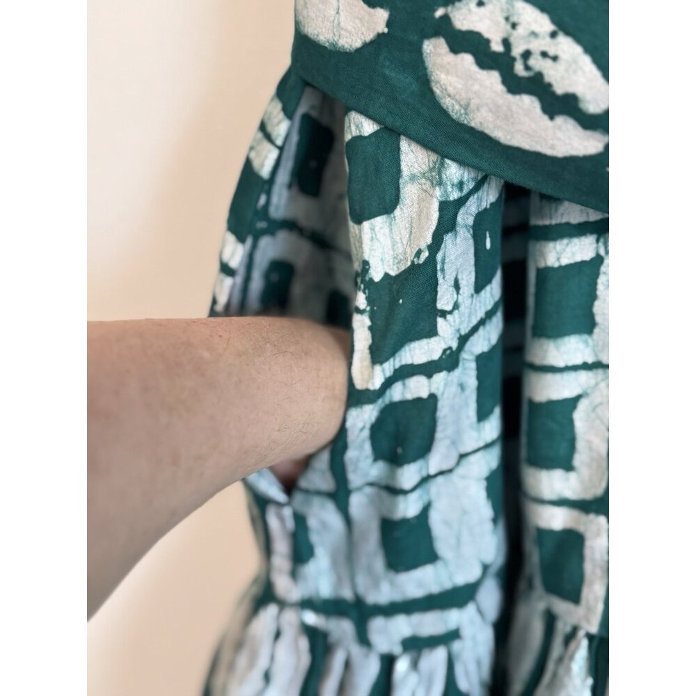 Zanaani Toyin Geometric Print Maxi Dress Sz Large Teal Green Mock Neck Pockets - Picture 6 of 14
